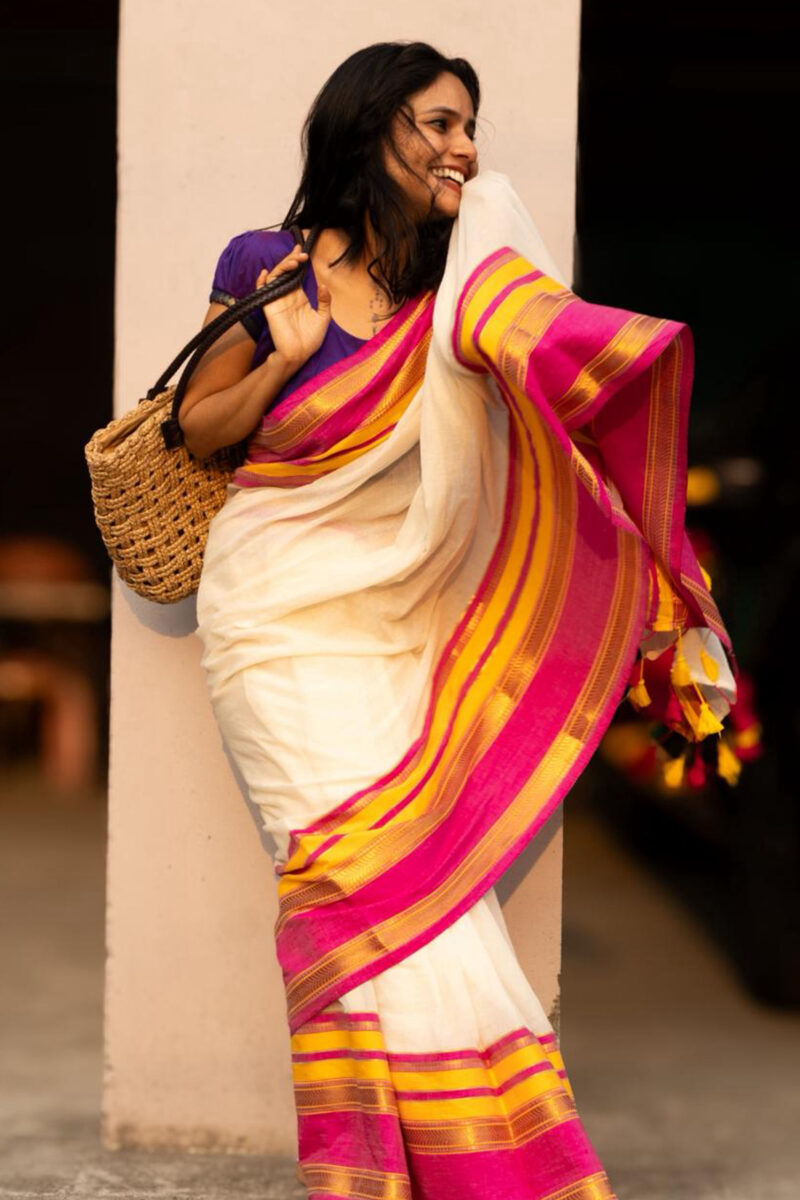 Mulcotton Saree - Rani pink and Mango yellow