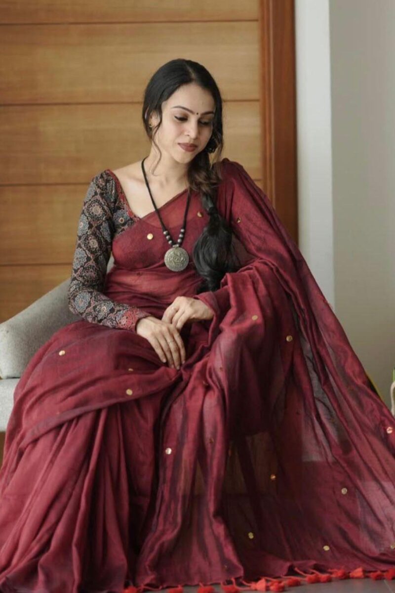 Maroon Khadi cotton Saree