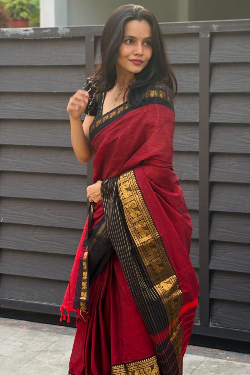 Maroon & Black Kanchi cotton saree