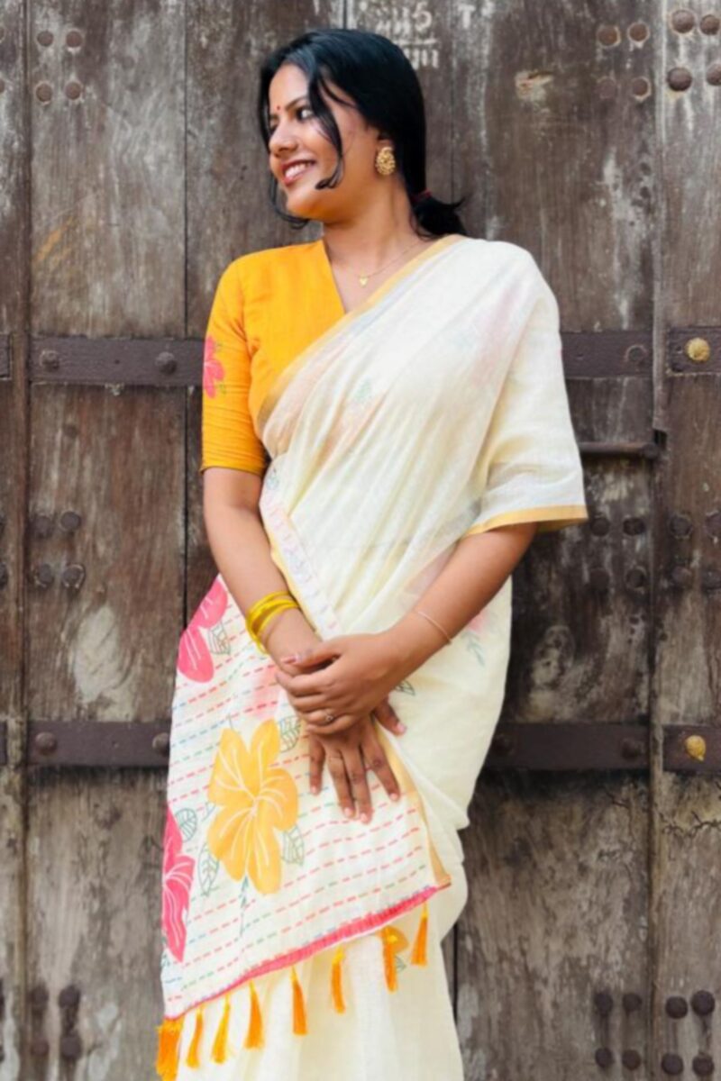 Off-white multi colour floral print linen cotton saree