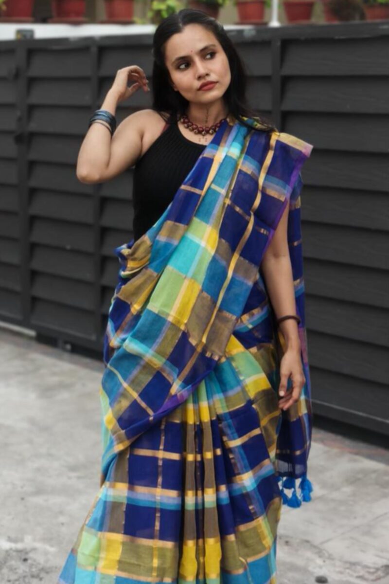 Mul cotton- multi check saree
