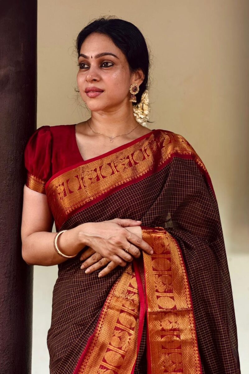 Brown & Deep Red Kanchi cotton saree