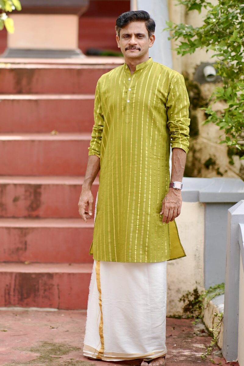 Green with golden stripe Cotton Men’s Kurta