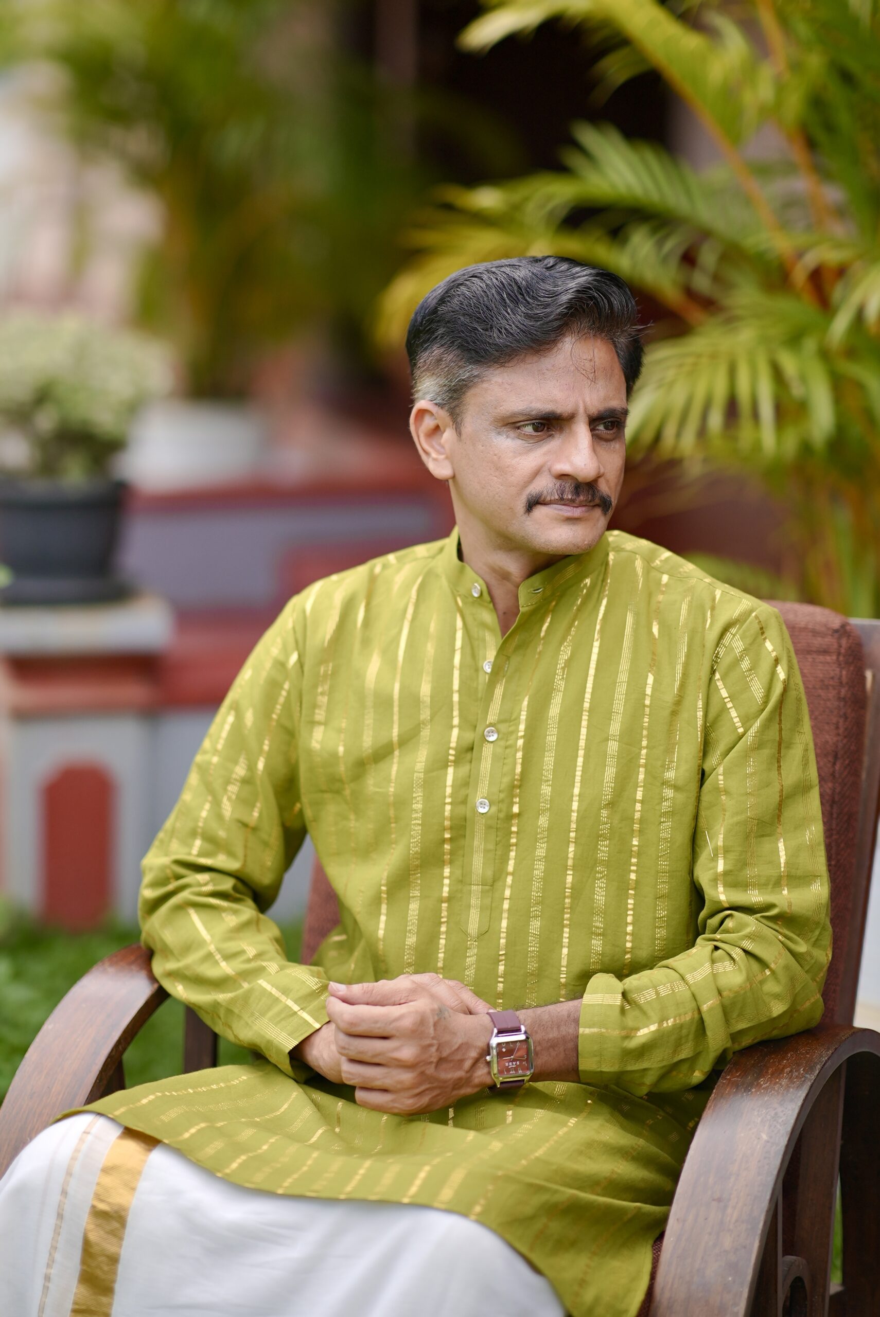 Green with golden stripe Cotton Men’s Kurta