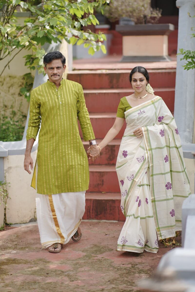 Kerala Kasavu Green check cotton saree and Men’s Stripe Kurta
