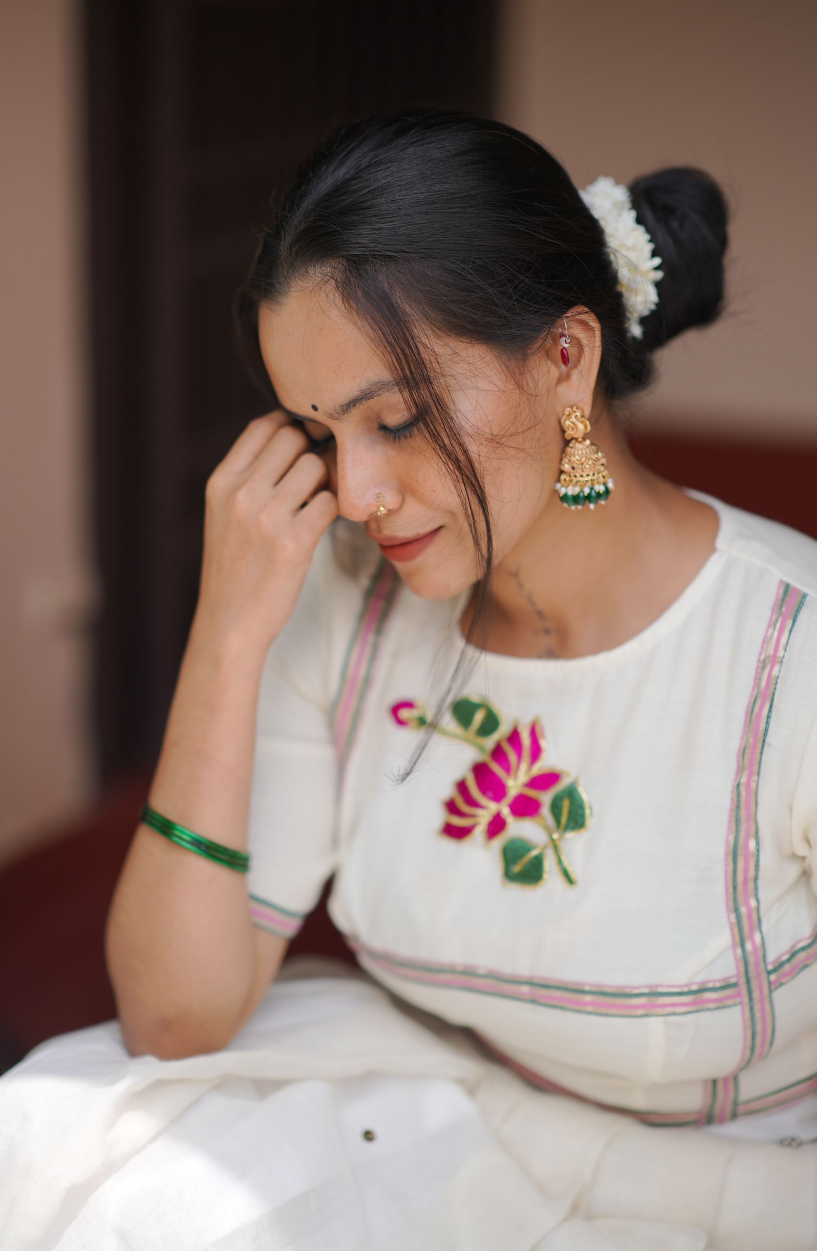 Lotus Embroidery Mul Cotton Dhavani