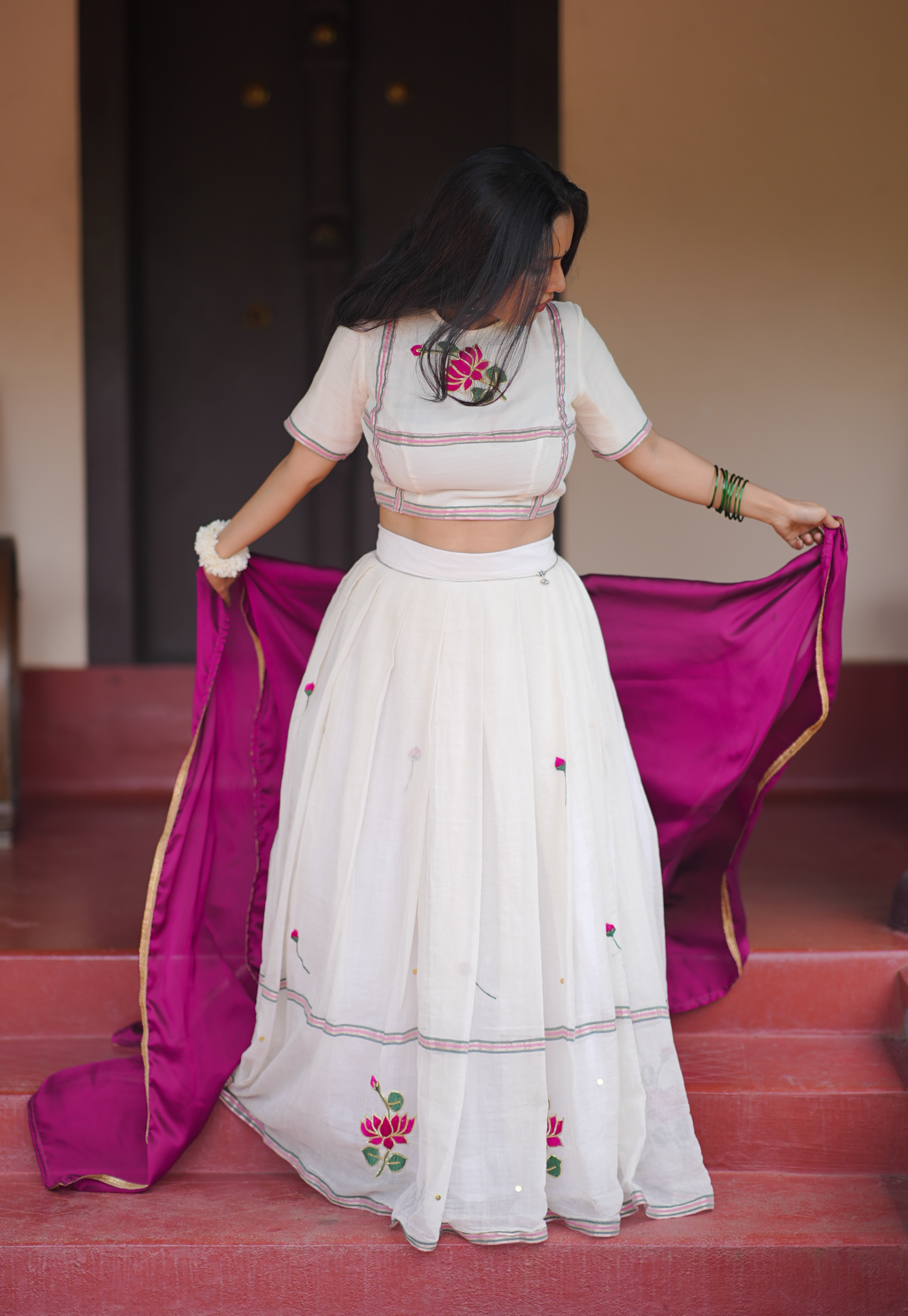 Lotus Embroidery Mul Cotton Dhavani