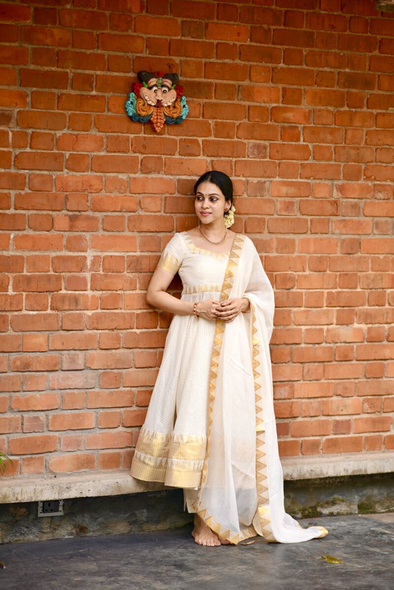 Kerala Kasavu micro check temple border anarkali suit set