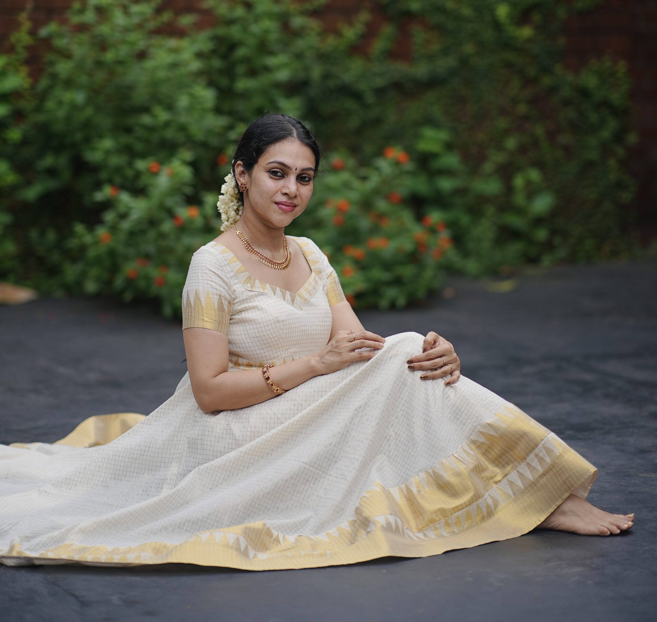 Kerala Kasavu micro check temple border anarkali suit set