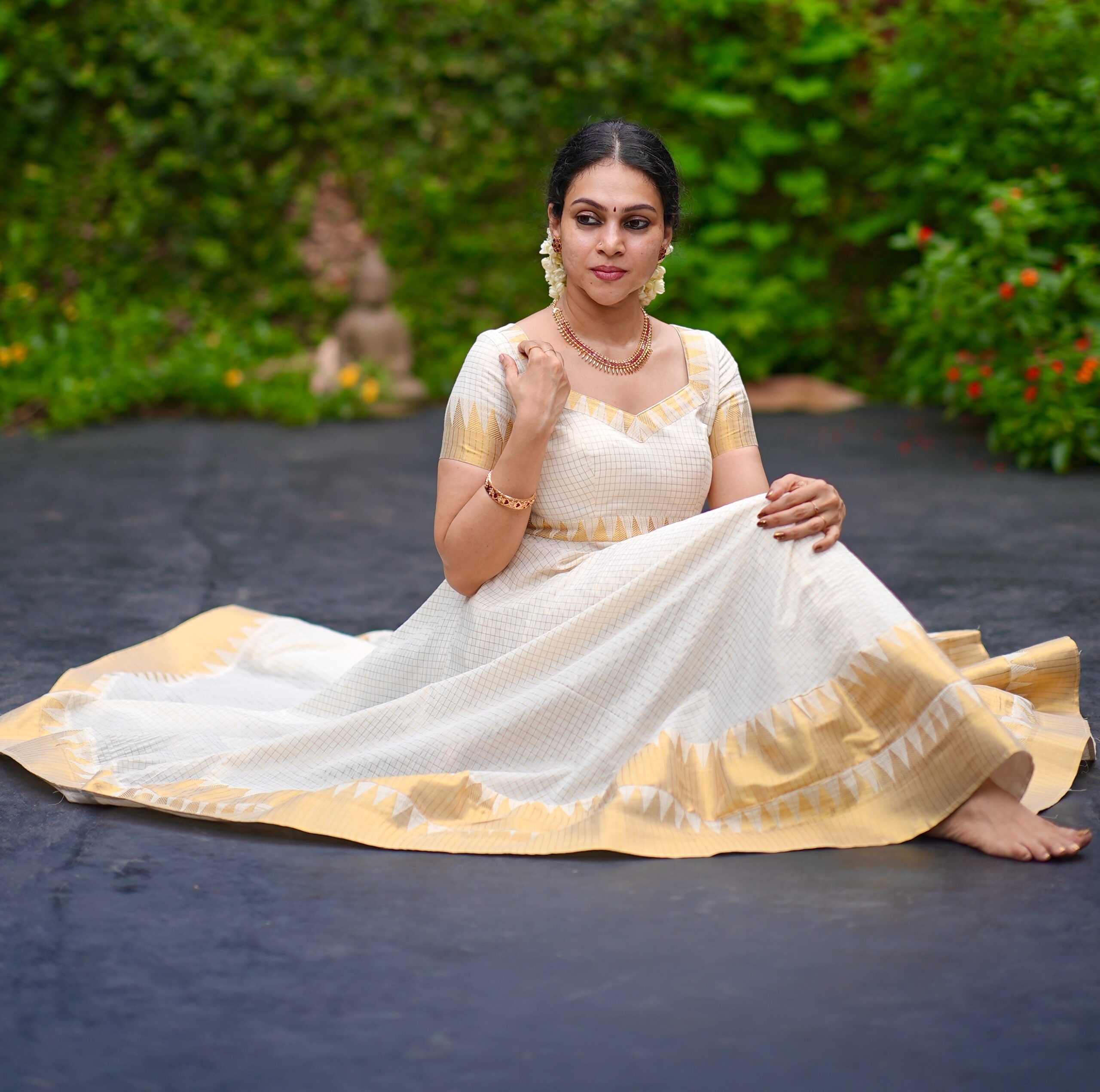 Kerala Kasavu micro check temple border anarkali suit set