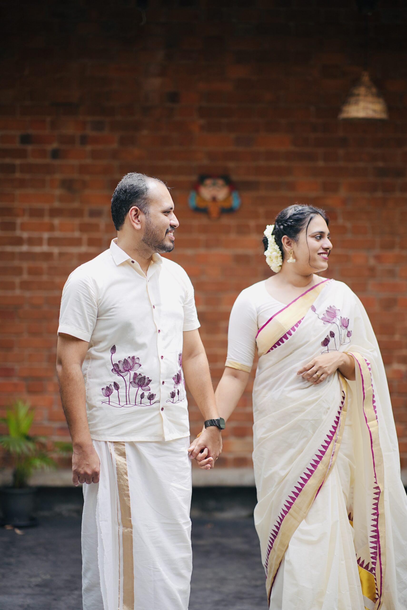 Kerala Kasavu embroidery cotton saree and Men’s Shirt