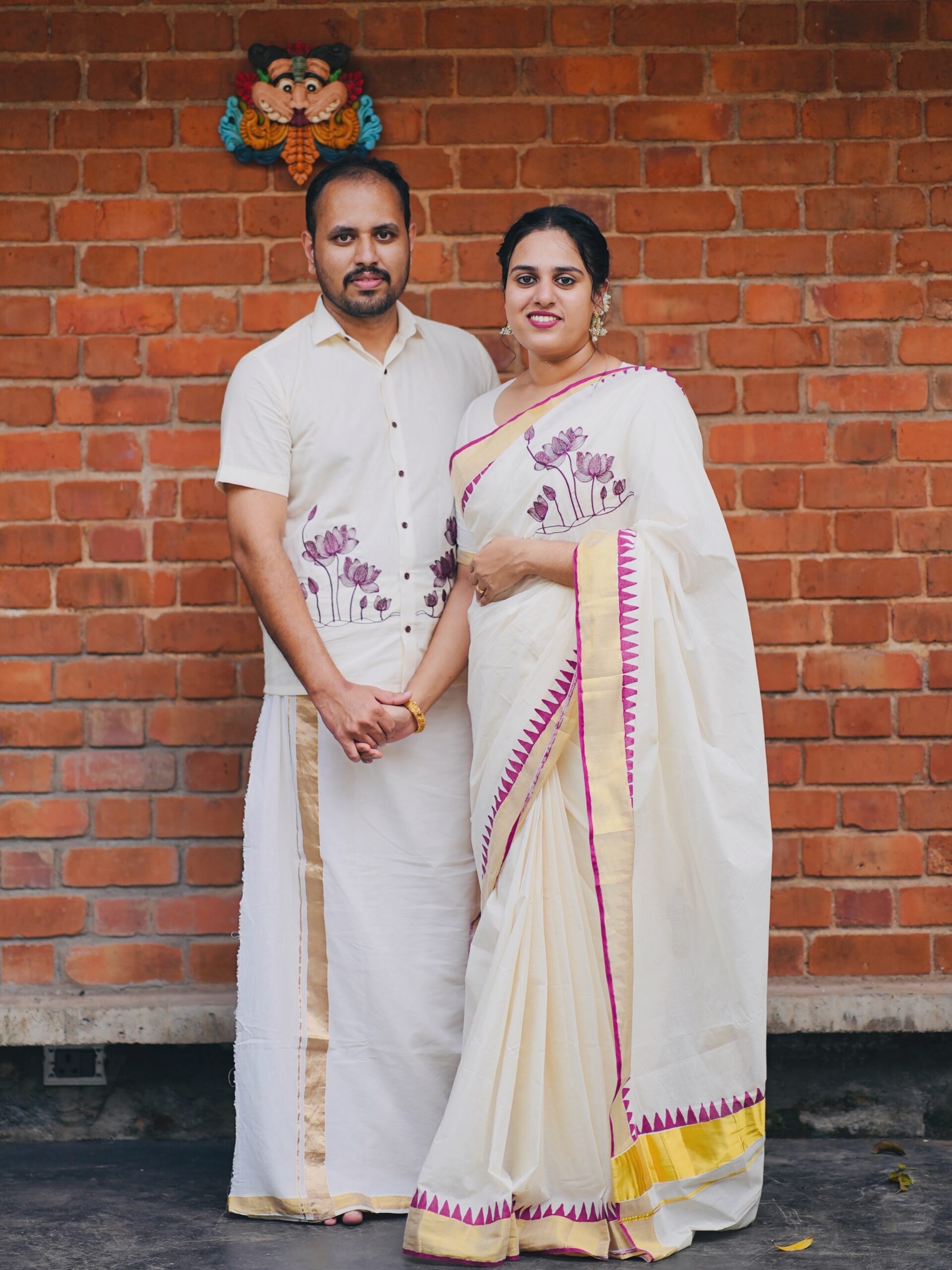 Kerala Kasavu embroidery cotton saree and Men’s Shirt