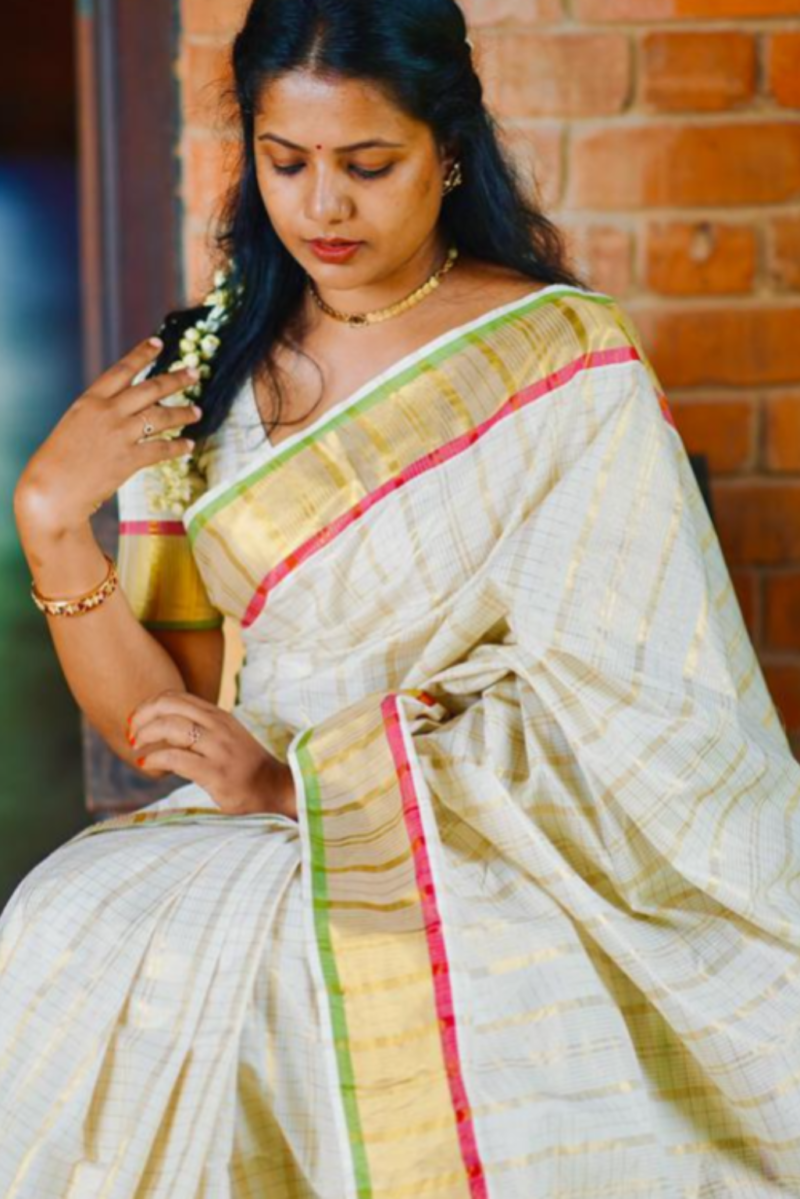 Green Red Border Saree