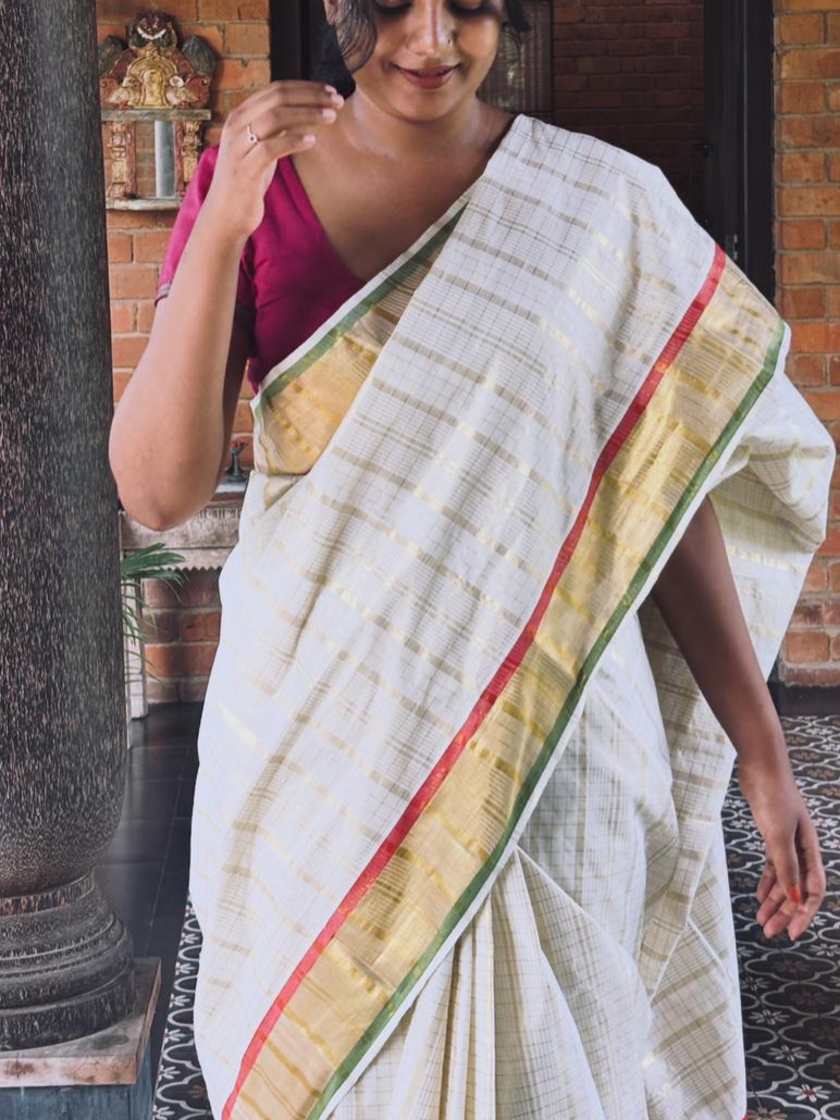 Green Red Border Saree
