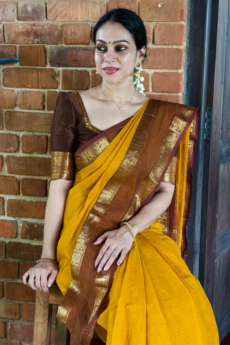 Yellowish Orange and Mocha Brown Kanchi cotton saree