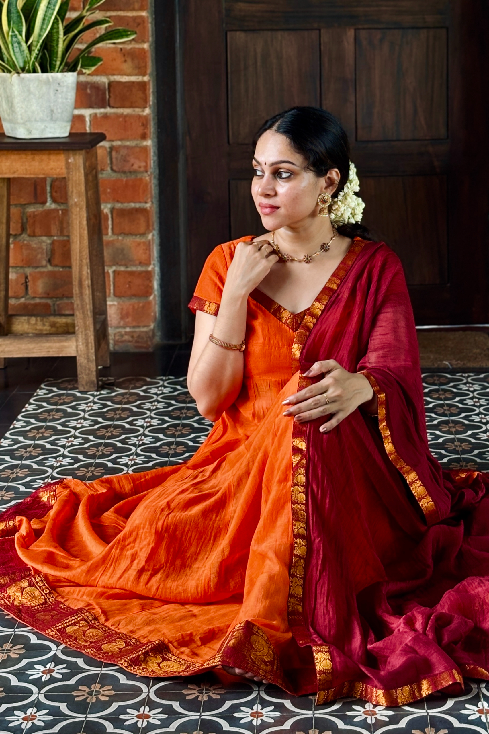 Vintage Orange - Deep Maroon Anarkali
