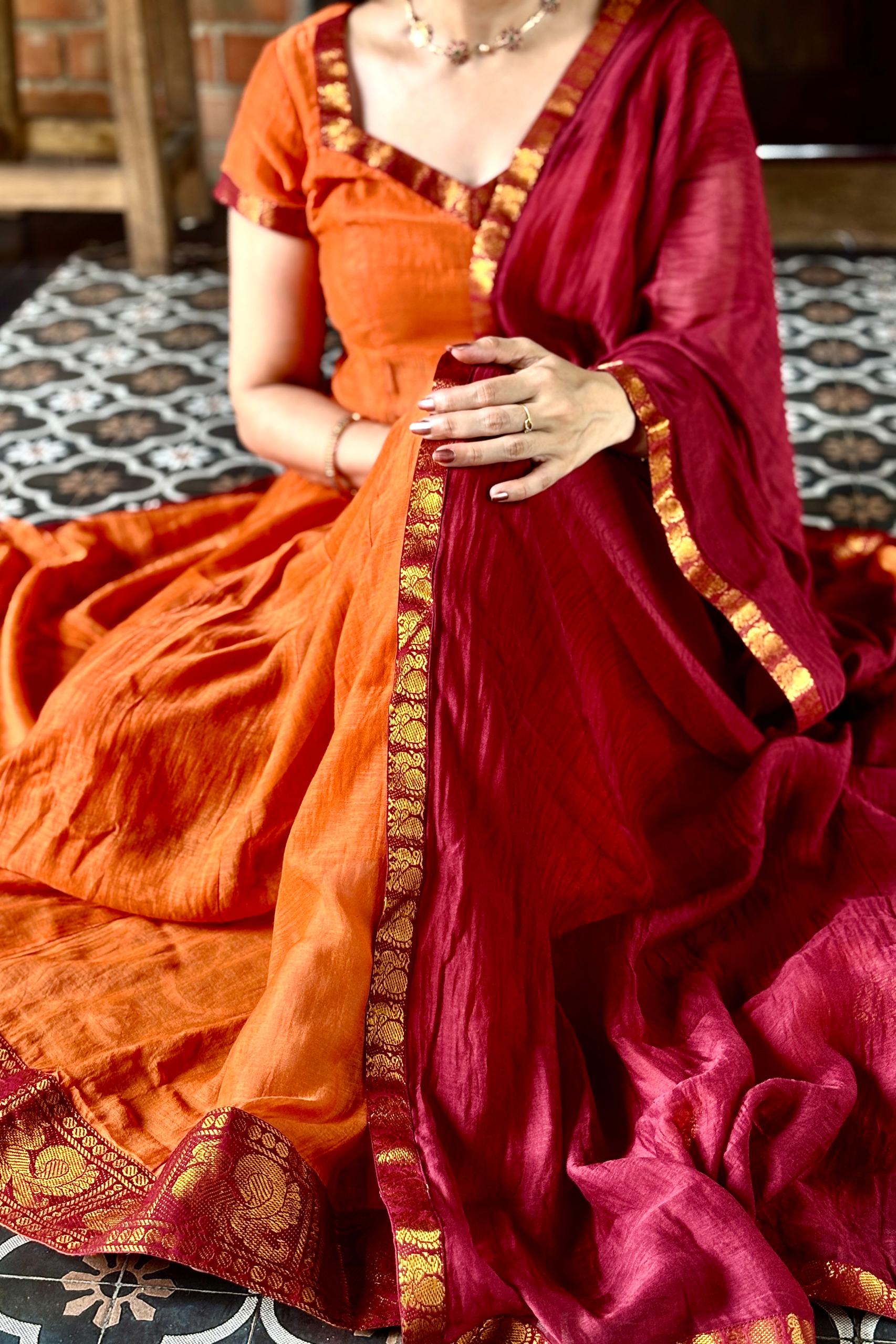 Vintage Orange - Deep Maroon Anarkali
