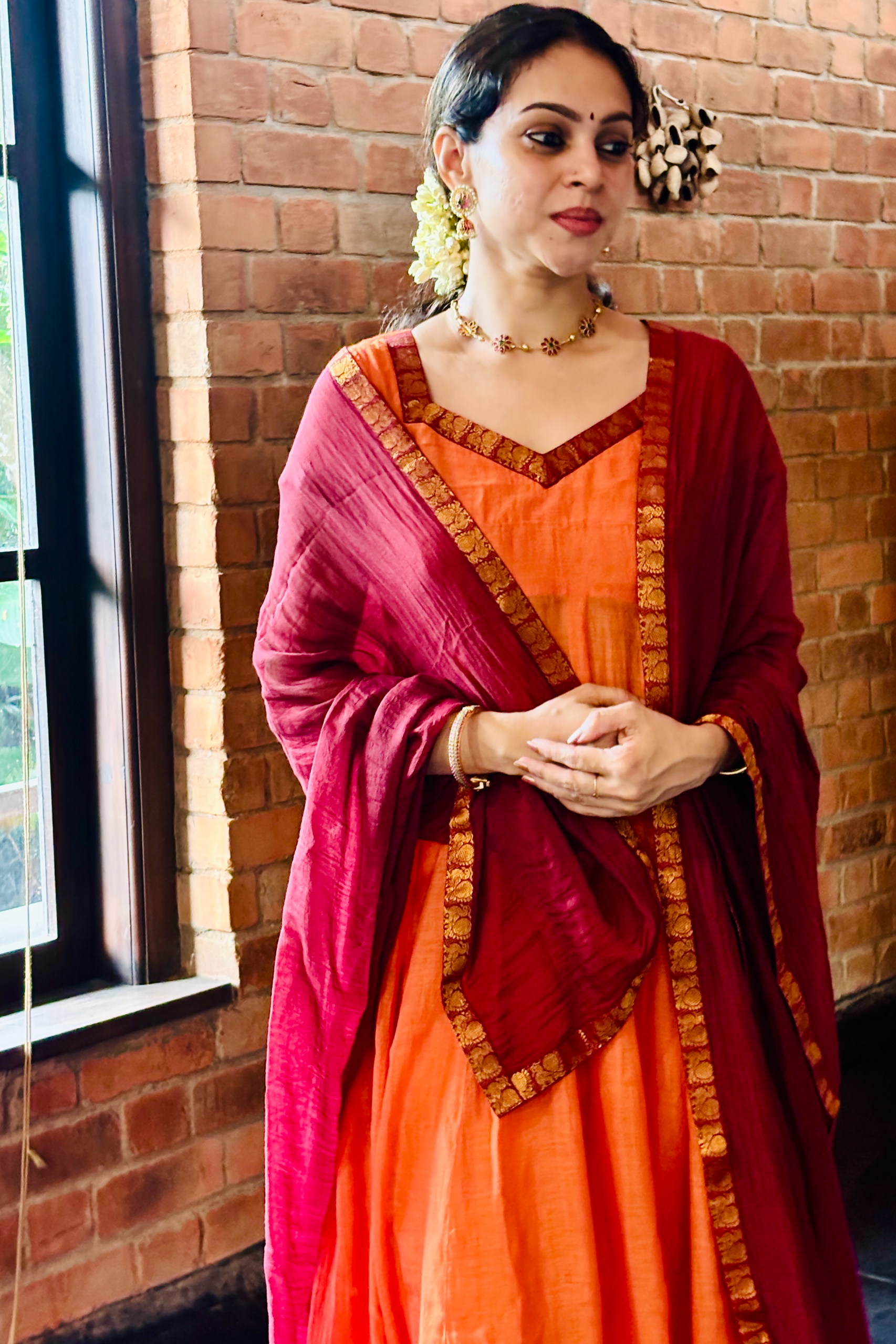 Vintage Orange - Deep Maroon Anarkali