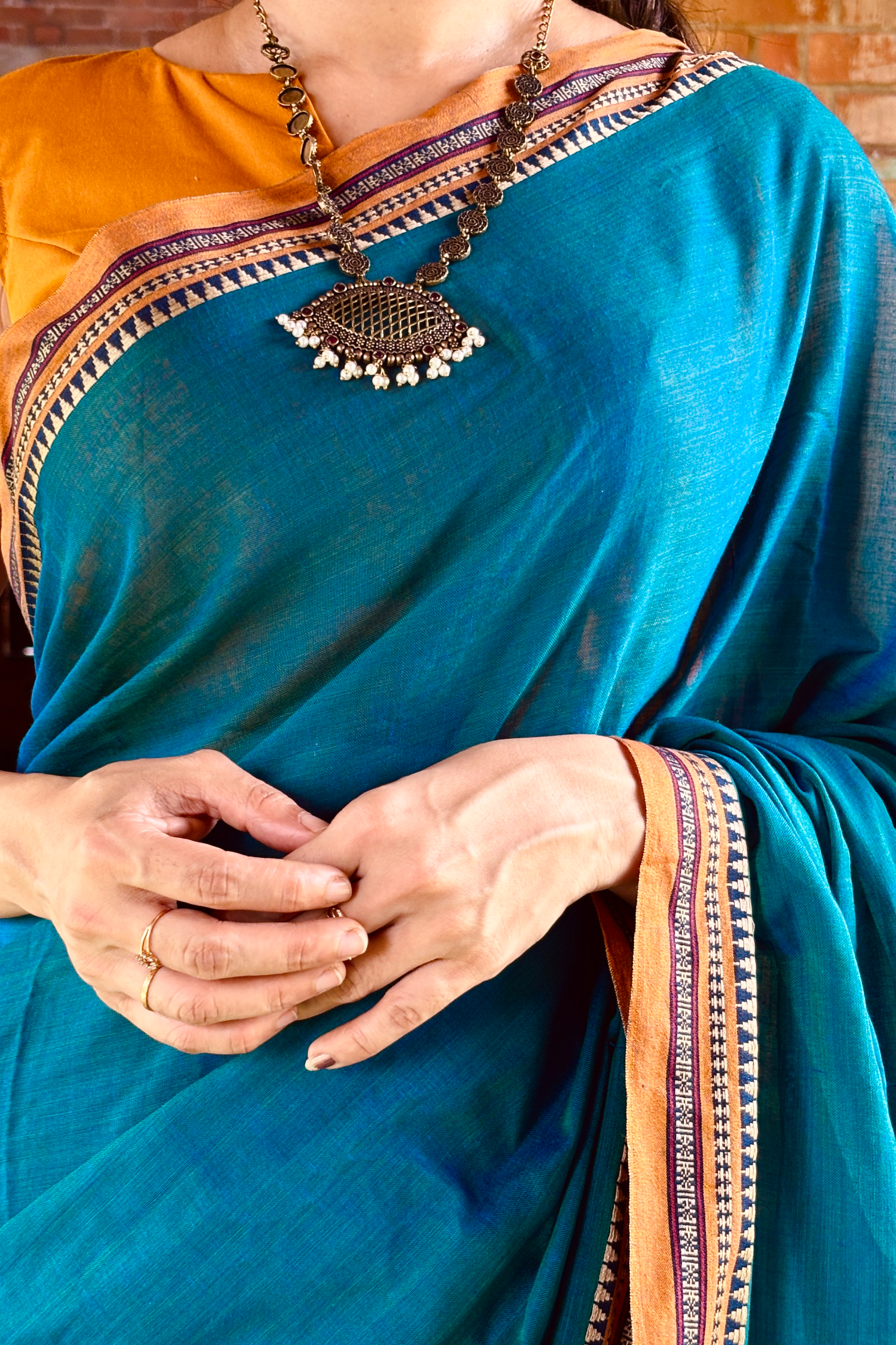 Teal Blue - Mustard Combo Narayanapet Saree
